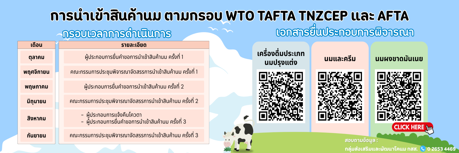 การนำเข้าสินค้านม ตามกรอบ WTO TAFTA TNZCEP AFTA