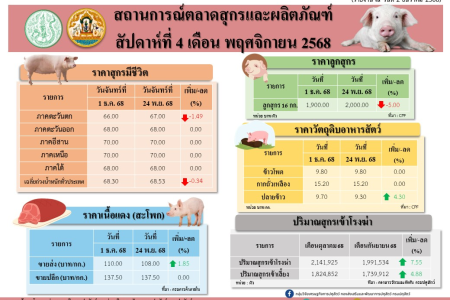 สถานการณ์ตลาดสุกรและผลิตภัณฑ์ สัปดาห์ที่ 4 เดือนพฤศจิกายน 2568