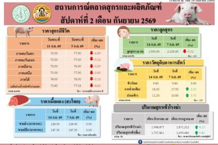 สถานการณ์ตลาดสุกรและผลิตภัณฑ์ สัปดาห์ที่ 2 เดือนกันยายน 2569