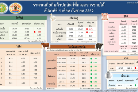 ราคาเฉลี่ยสินค้าปศุสัตว์ที่เกษตรกรขายได้ สัปดาห์ที่ 4 เดือนกันยายน 2569