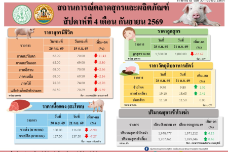 สถานการณ์ตลาดสุกรและผลิตภัณฑ์ สัปดาห์ที่ 4 เดือนกันยายน 2569